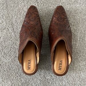 Myra Bag Brown Floral Embossed Mules